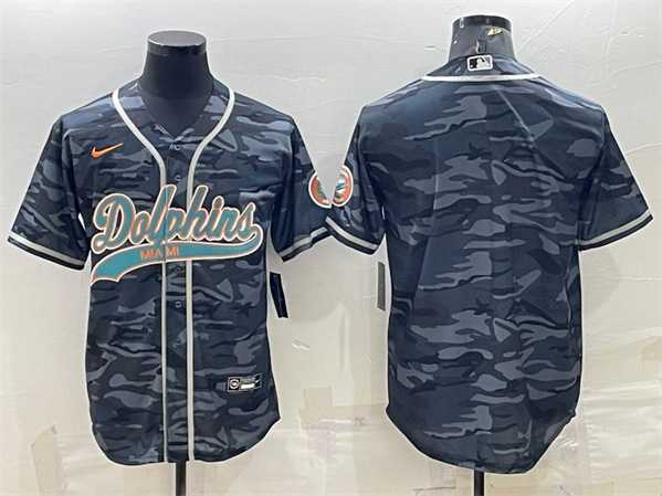 Mens Miami Dolphins Blank Gray Camo With Patch Cool Base Stitched Baseball Jersey